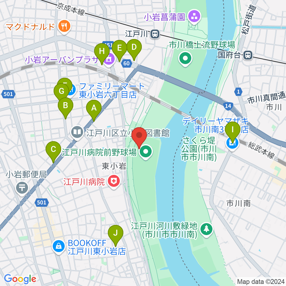 江戸川病院前野球場周辺のファミレス・ファーストフード一覧地図