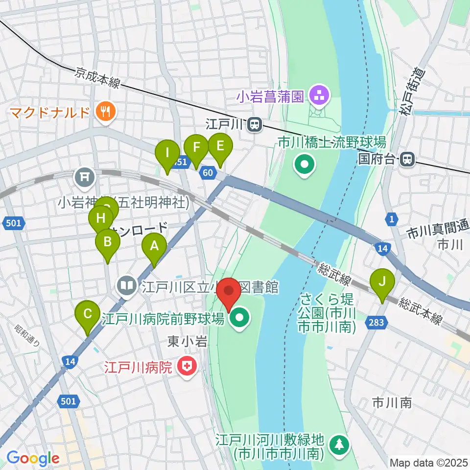 江戸川病院前野球場周辺のファミレス・ファーストフード一覧地図