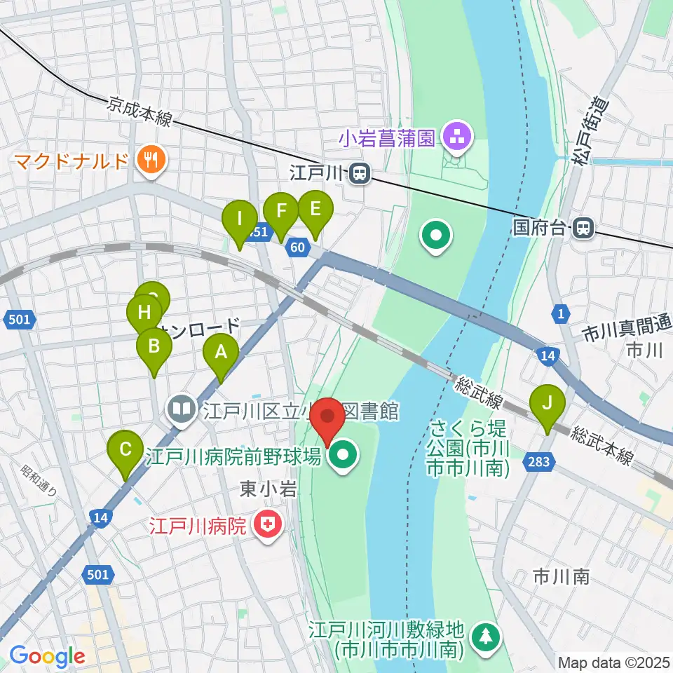 江戸川病院前野球場周辺のファミレス・ファーストフード一覧地図