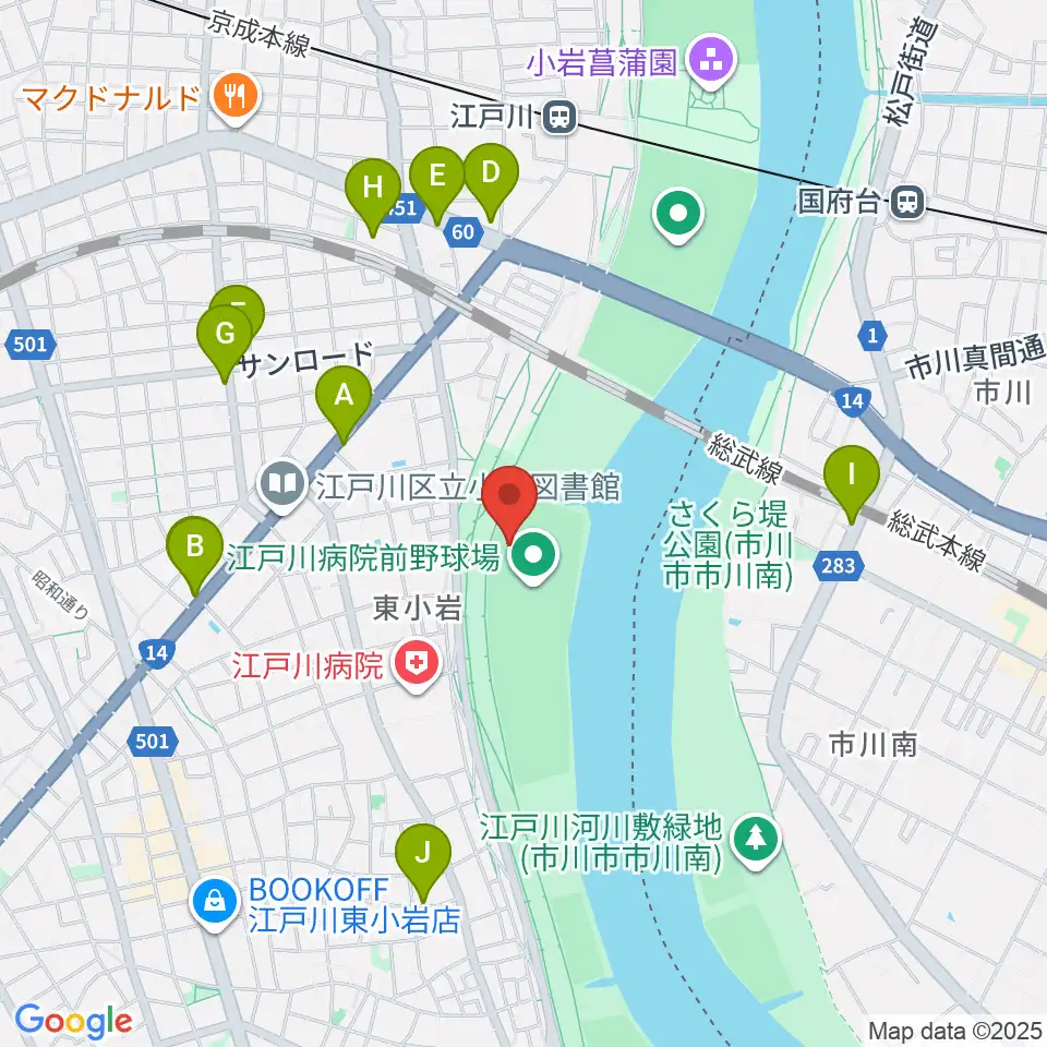 江戸川病院前野球場周辺のファミレス・ファーストフード一覧地図