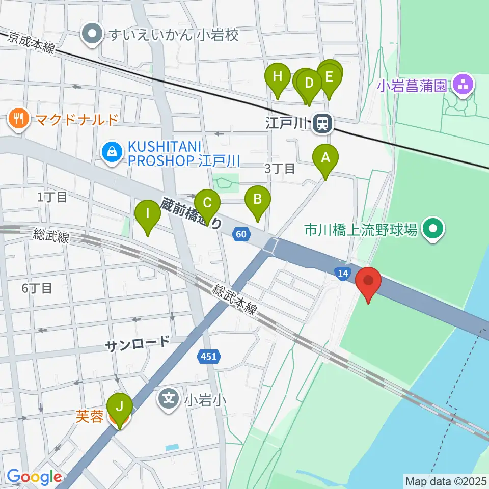 北小岩少年野球場周辺のファミレス・ファーストフード一覧地図
