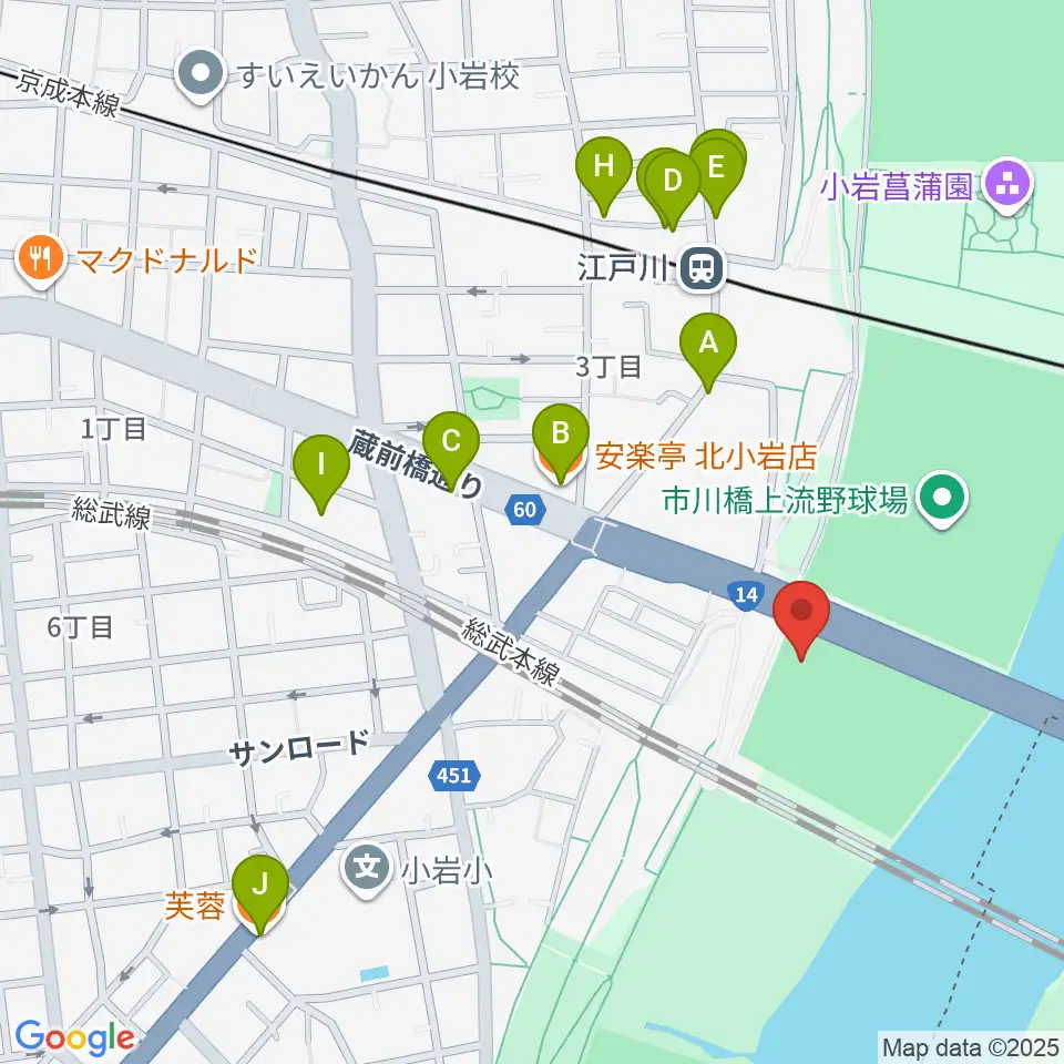 北小岩少年野球場周辺のファミレス・ファーストフード一覧地図
