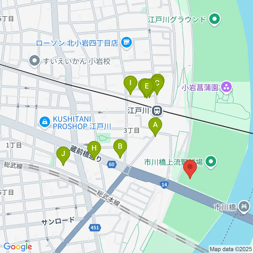市川橋上流野球場周辺のファミレス・ファーストフード一覧地図