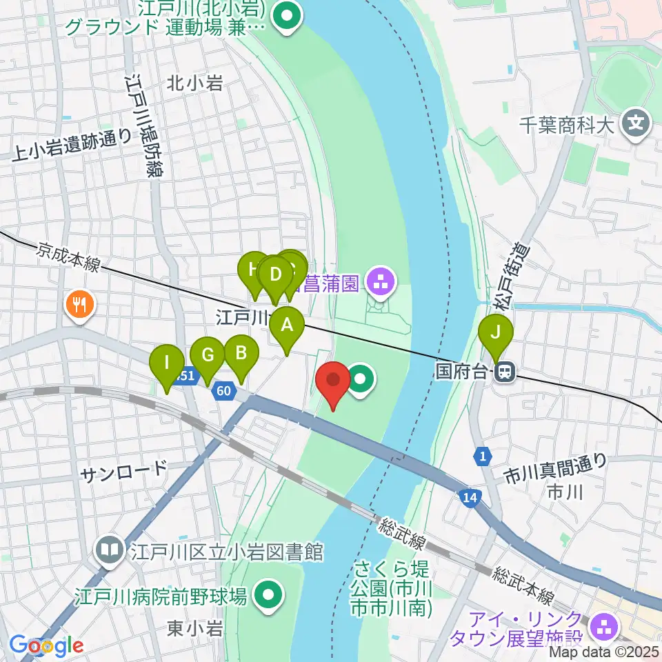 市川橋上流野球場周辺のファミレス・ファーストフード一覧地図