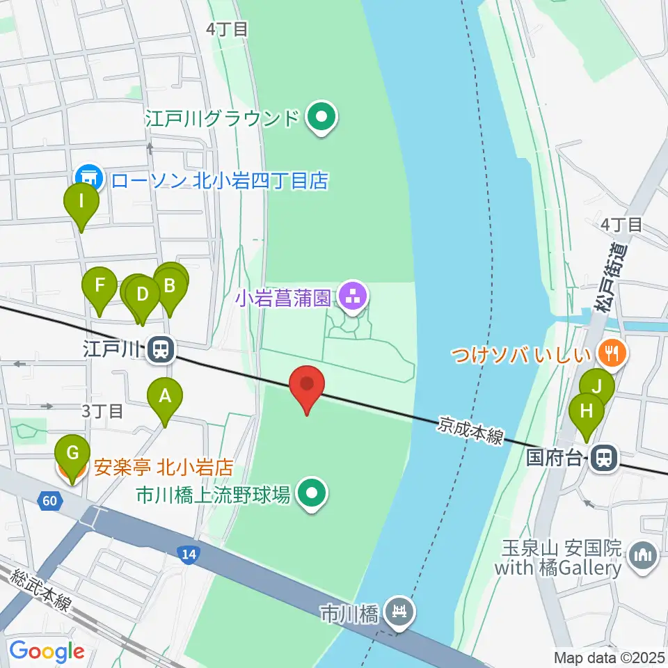 江戸川ソフトボール場周辺のファミレス・ファーストフード一覧地図