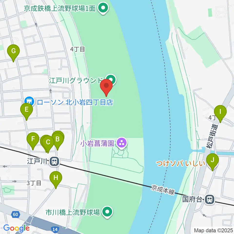 京成鉄橋上流野球場周辺のファミレス・ファーストフード一覧地図