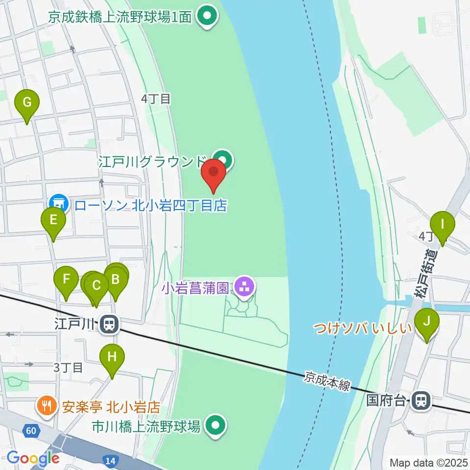 京成鉄橋上流野球場周辺のファミレス・ファーストフード一覧地図