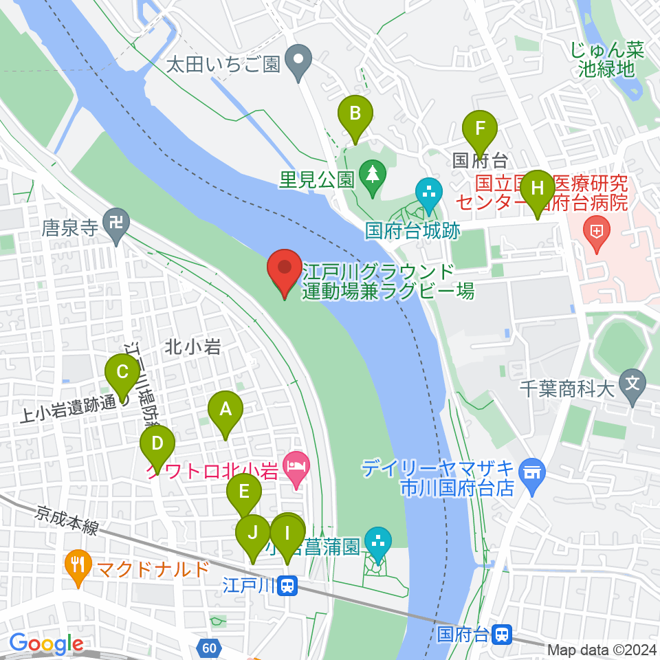 江戸川運動場兼ラグビー場周辺のファミレス・ファーストフード一覧地図