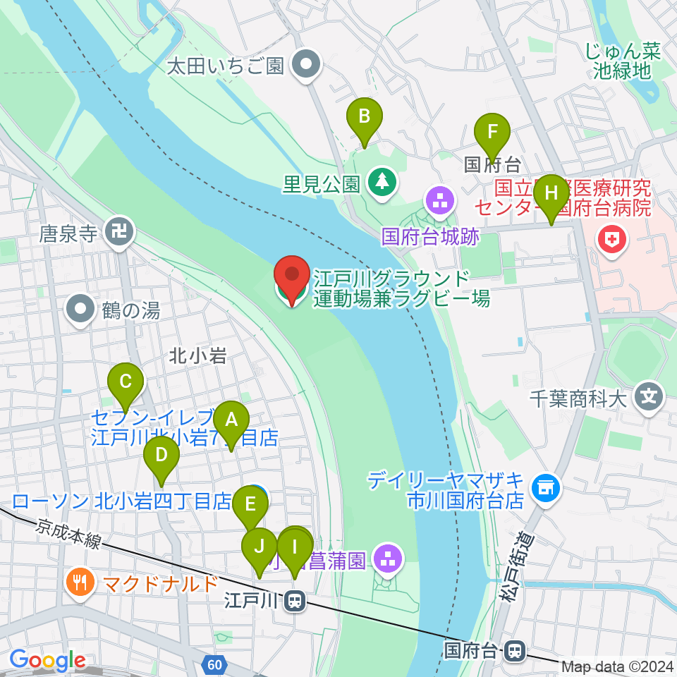 江戸川運動場兼ラグビー場周辺のファミレス・ファーストフード一覧地図