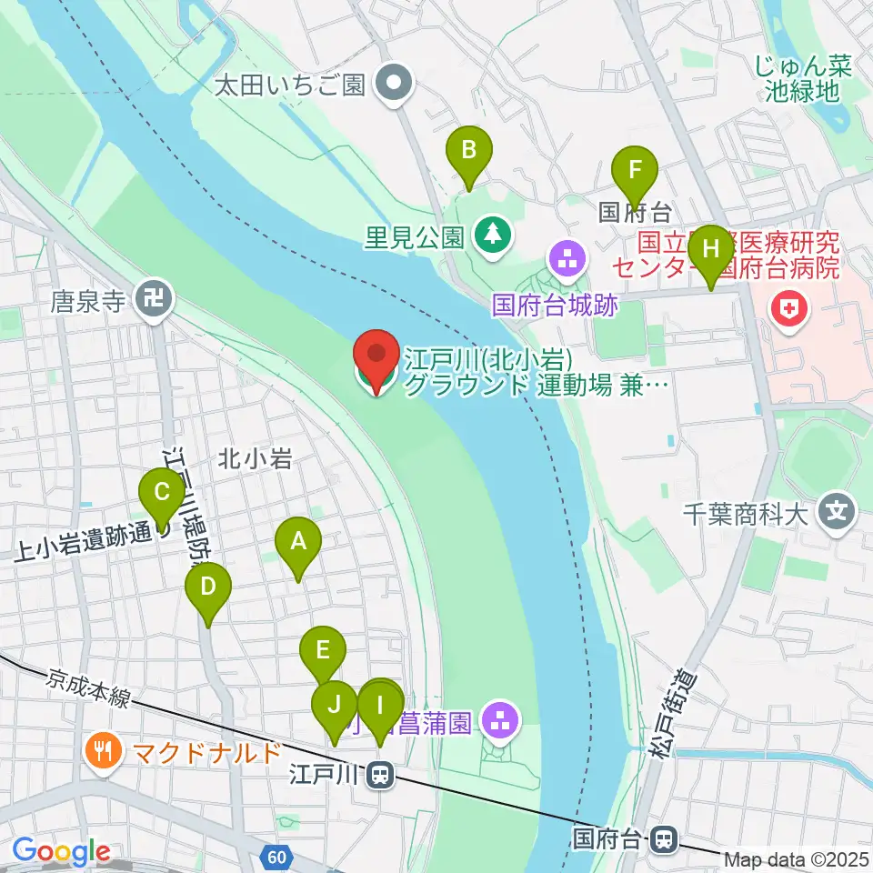 江戸川運動場兼ラグビー場周辺のファミレス・ファーストフード一覧地図