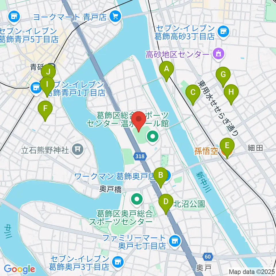 奥戸総合スポーツセンター野球場周辺のファミレス・ファーストフード一覧地図