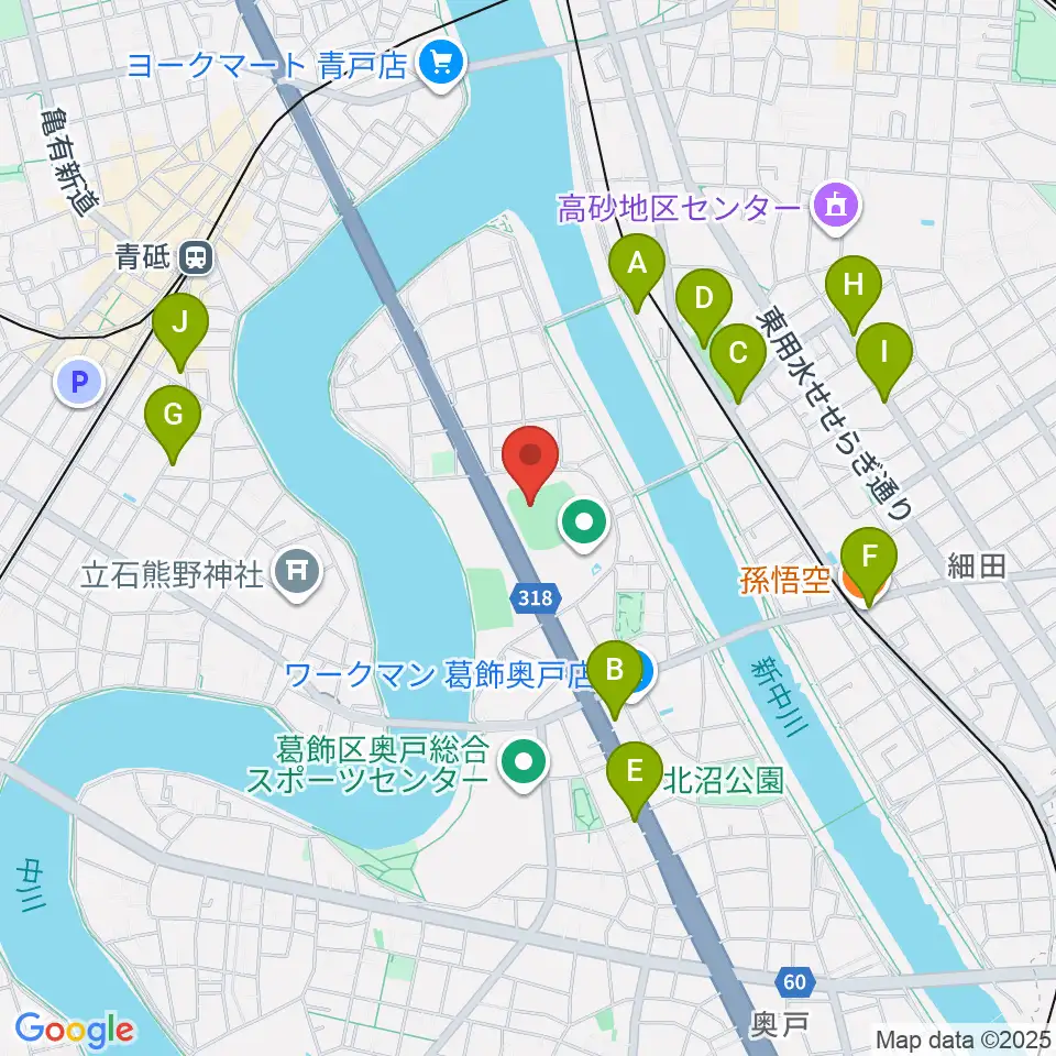 奥戸総合スポーツセンター野球場周辺のファミレス・ファーストフード一覧地図