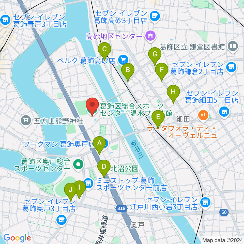 奥戸総合スポーツセンター温水プール館周辺のファミレス・ファーストフード一覧地図