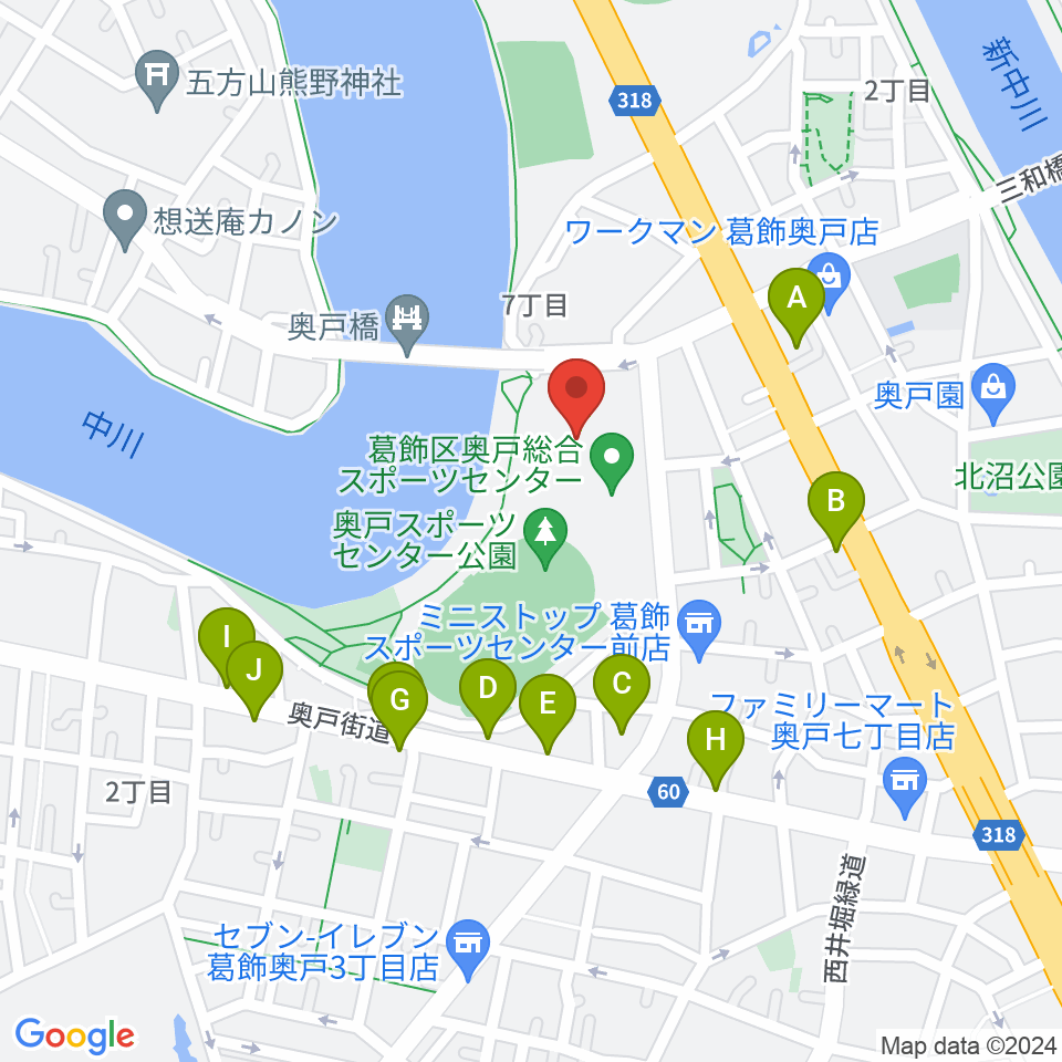 奥戸総合スポーツセンター体育館周辺のファミレス・ファーストフード一覧地図