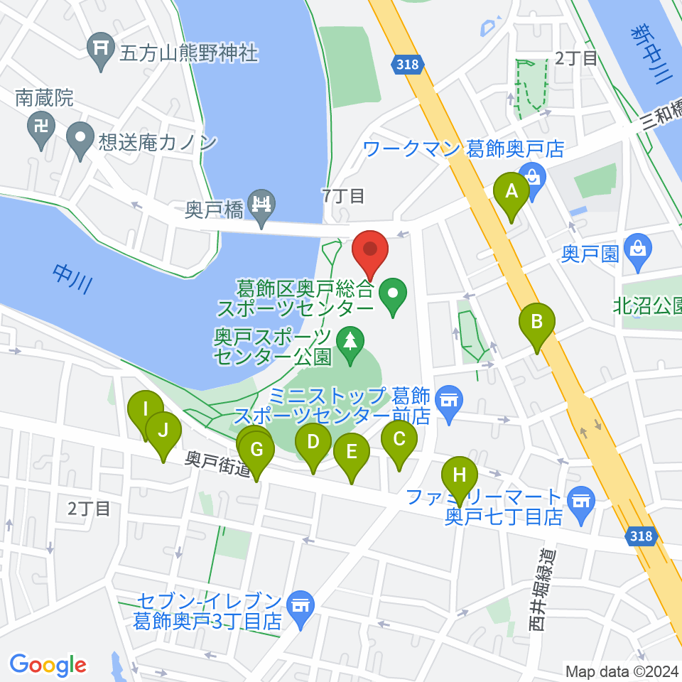 奥戸総合スポーツセンター体育館周辺のファミレス・ファーストフード一覧地図