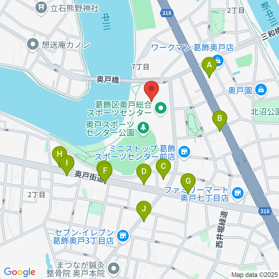 奥戸総合スポーツセンター体育館周辺のファミレス・ファーストフード一覧地図