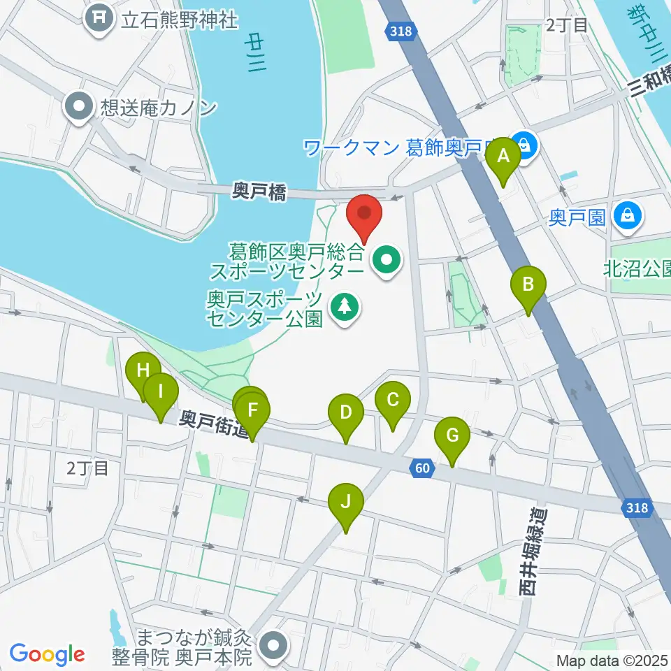 奥戸総合スポーツセンター体育館周辺のファミレス・ファーストフード一覧地図