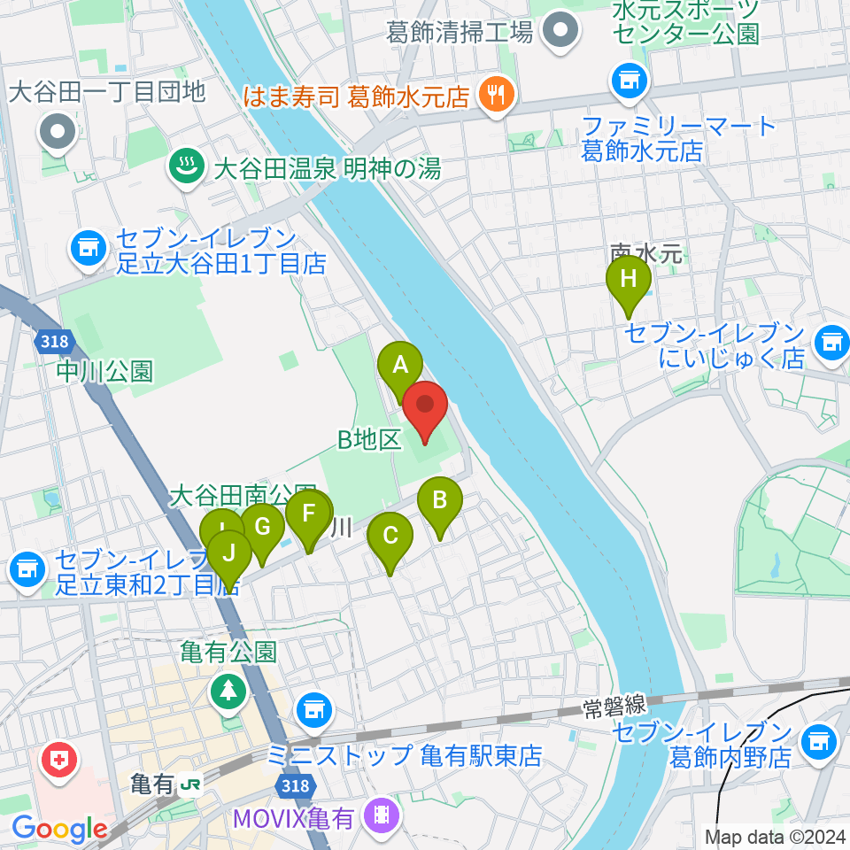 中川公園野球場周辺のファミレス・ファーストフード一覧地図