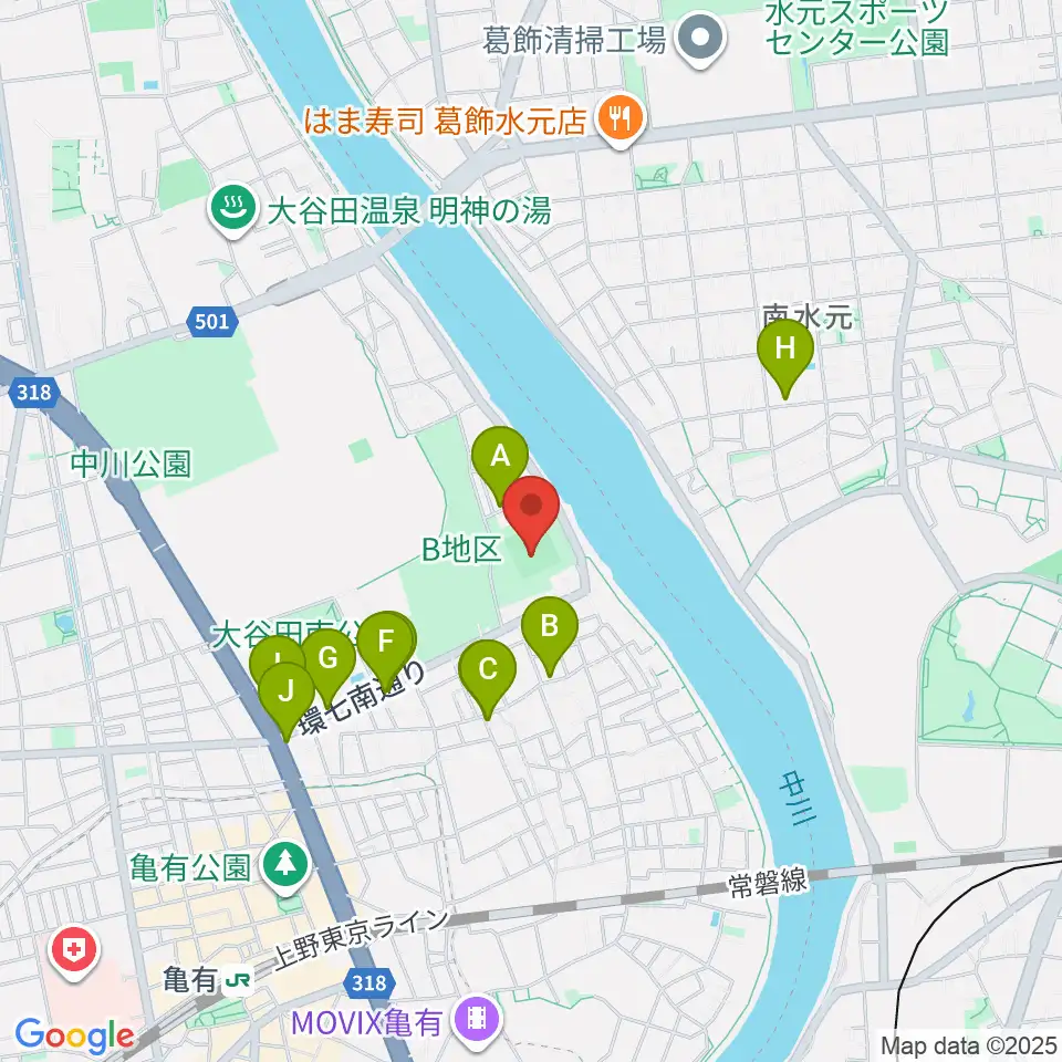 中川公園野球場周辺のファミレス・ファーストフード一覧地図