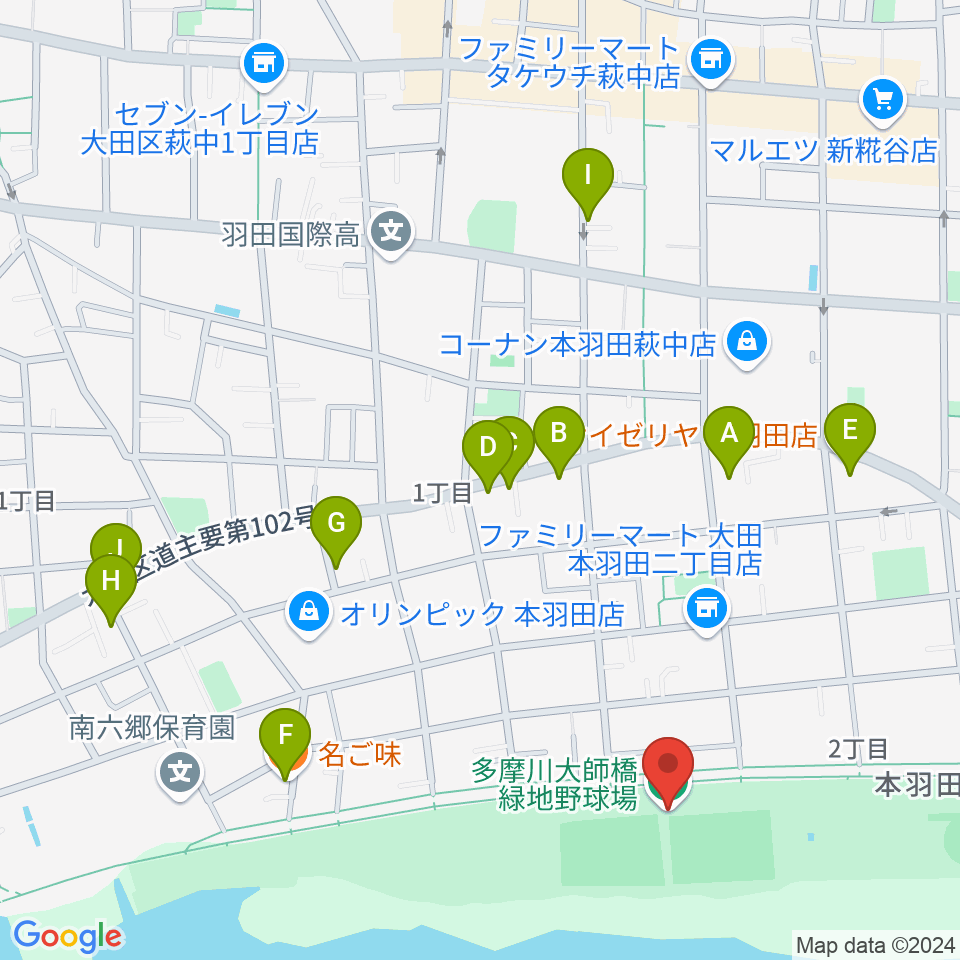 多摩川大師橋緑地野球場周辺のファミレス・ファーストフード一覧地図