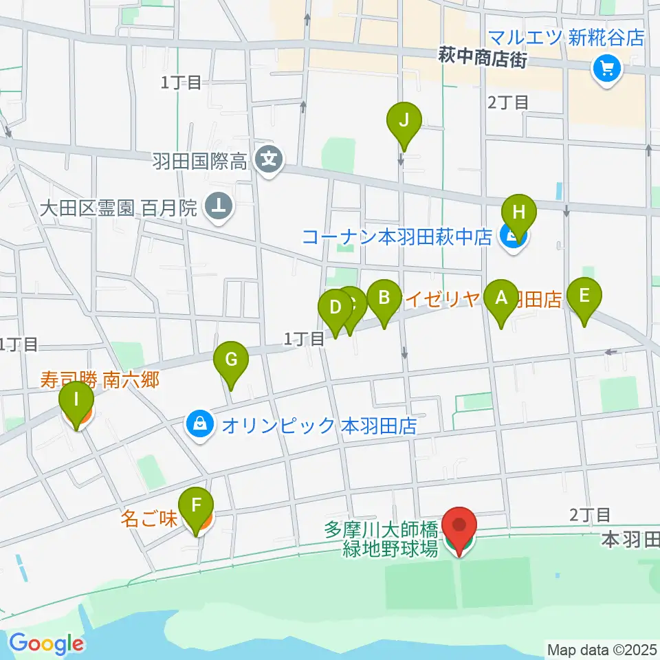 多摩川大師橋緑地野球場周辺のファミレス・ファーストフード一覧地図