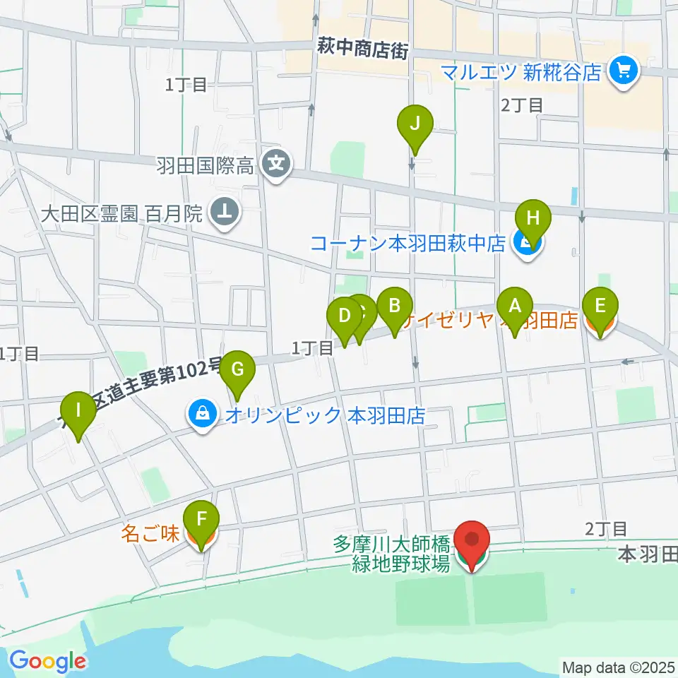 多摩川大師橋緑地野球場周辺のファミレス・ファーストフード一覧地図