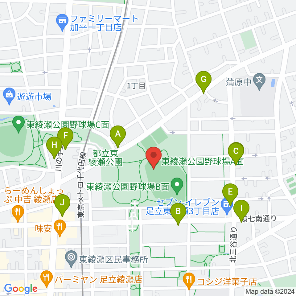 東綾瀬公園野球場周辺のファミレス・ファーストフード一覧地図