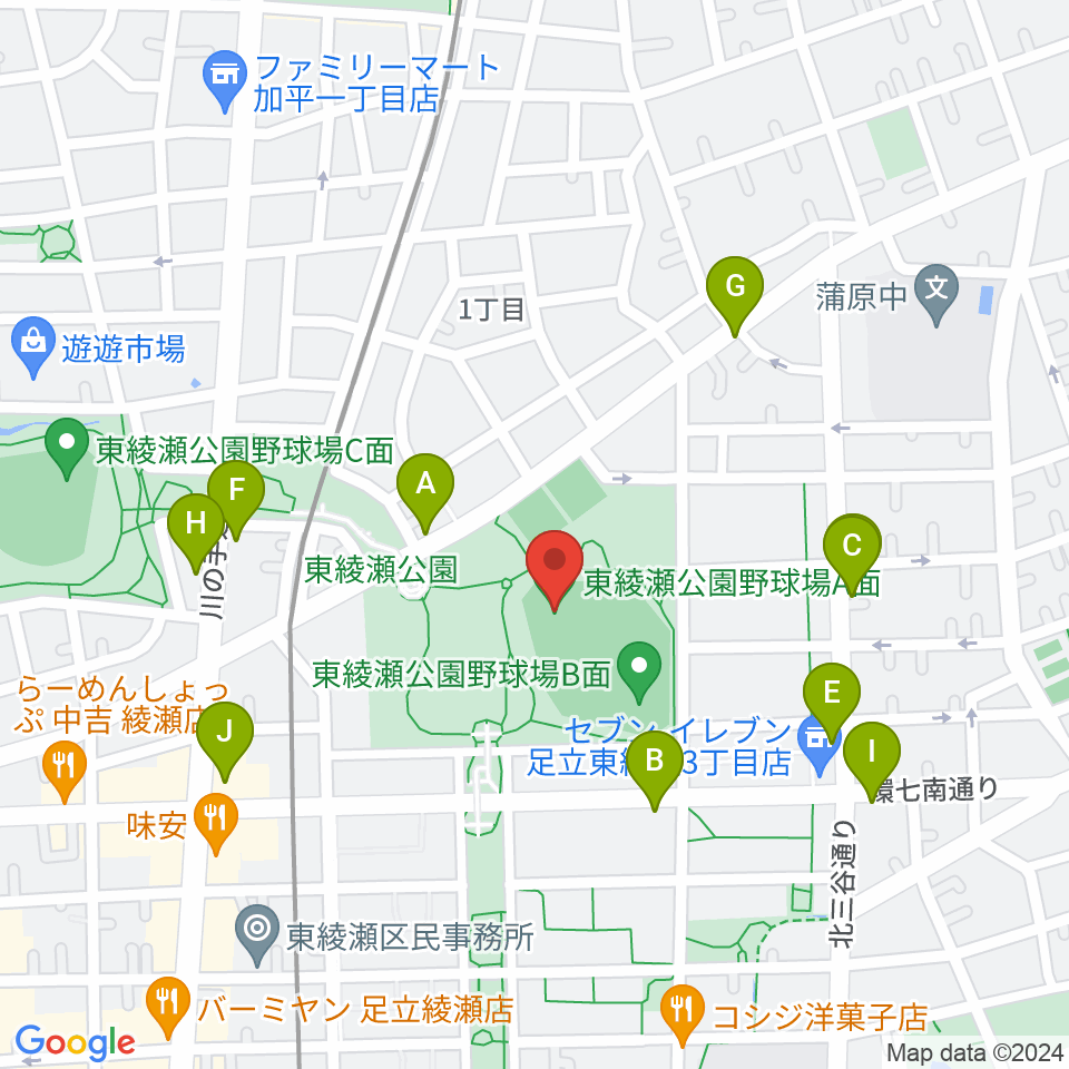 東綾瀬公園野球場周辺のファミレス・ファーストフード一覧地図