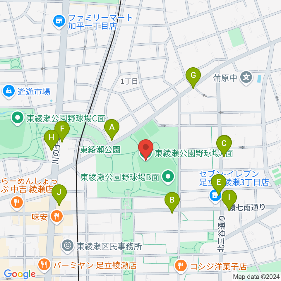 東綾瀬公園野球場周辺のファミレス・ファーストフード一覧地図