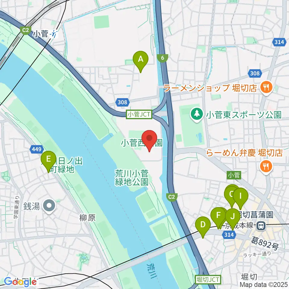 小菅西公園フットサル場周辺のファミレス・ファーストフード一覧地図