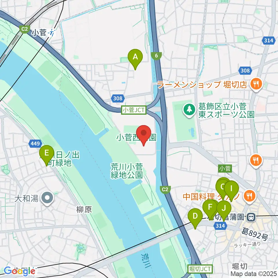 小菅西公園フットサル場周辺のファミレス・ファーストフード一覧地図
