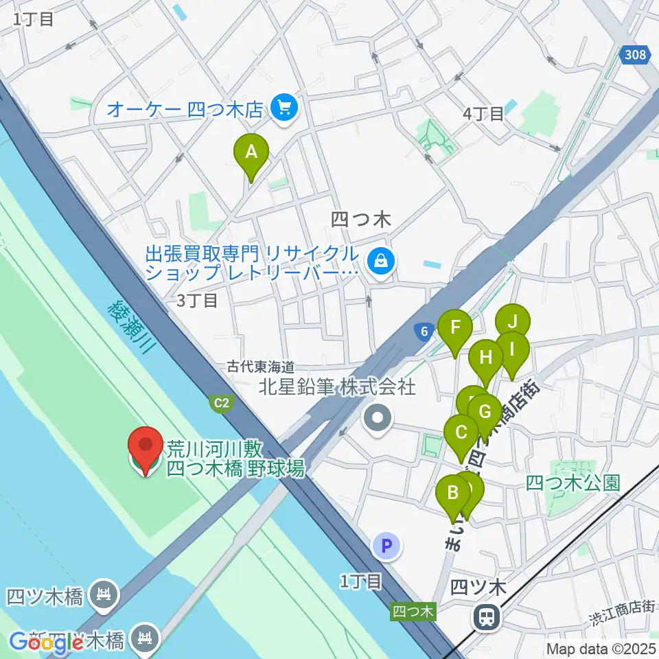 四つ木橋野球場周辺のファミレス・ファーストフード一覧地図