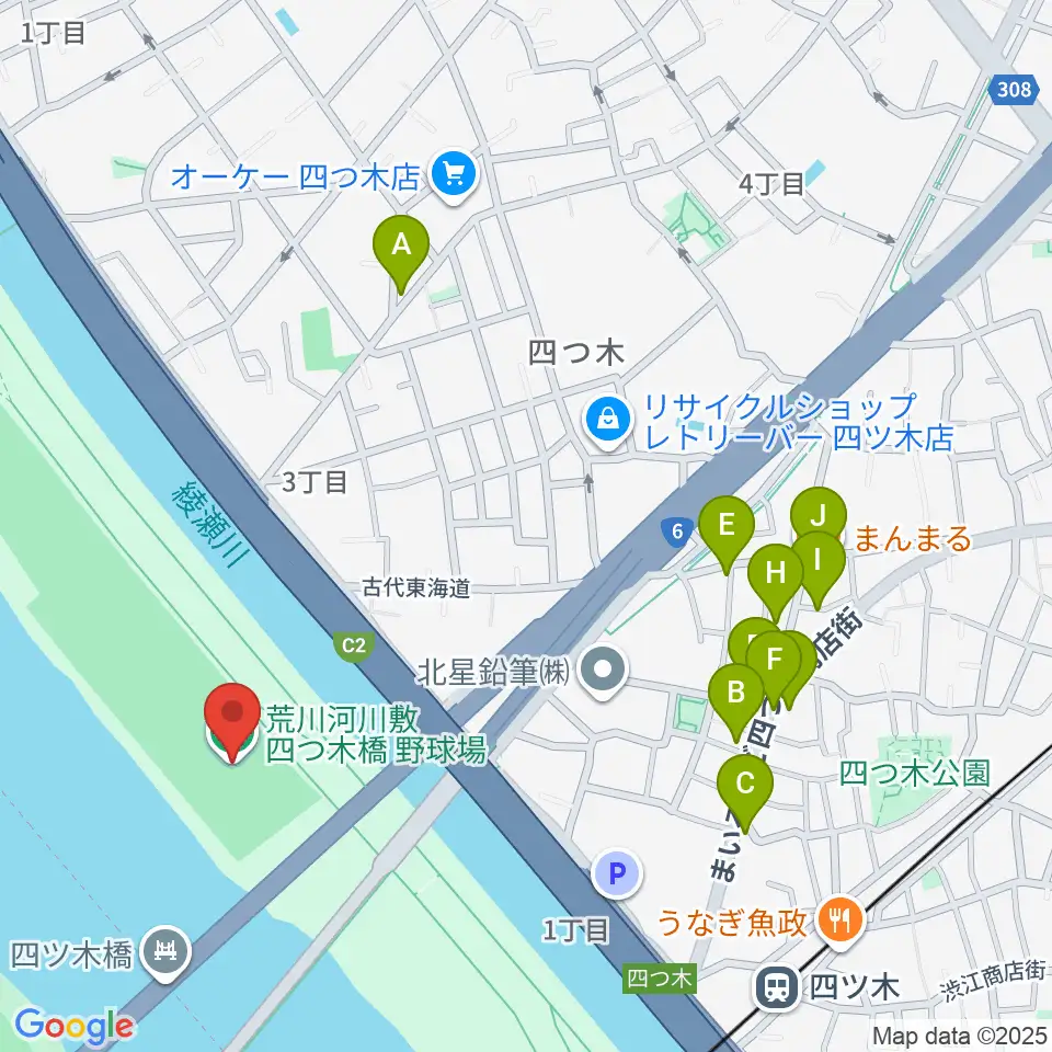 四つ木橋野球場周辺のファミレス・ファーストフード一覧地図
