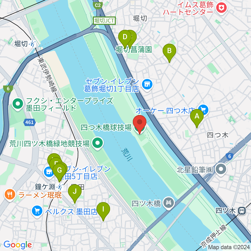 四つ木橋球技場周辺のファミレス・ファーストフード一覧地図