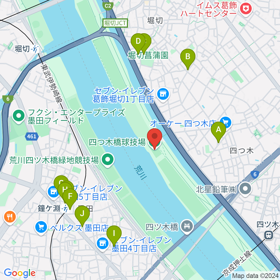 四つ木橋球技場周辺のファミレス・ファーストフード一覧地図