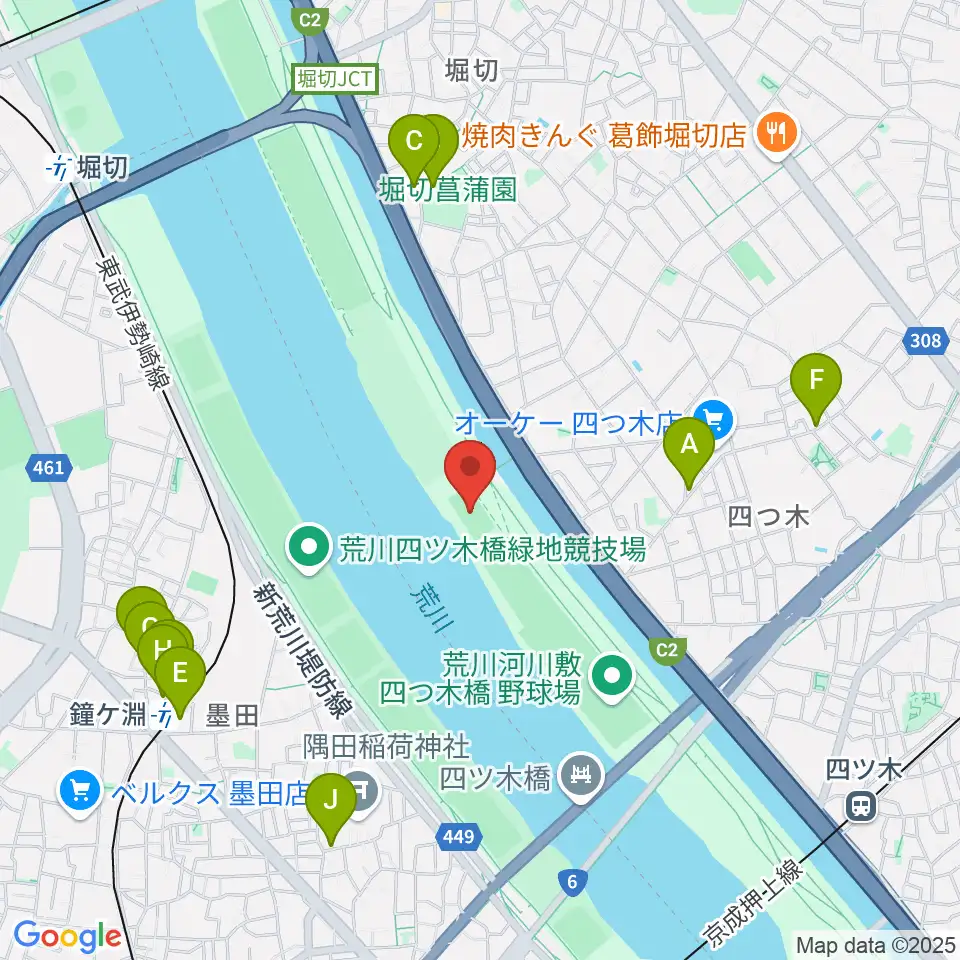四つ木橋球技場周辺のファミレス・ファーストフード一覧地図