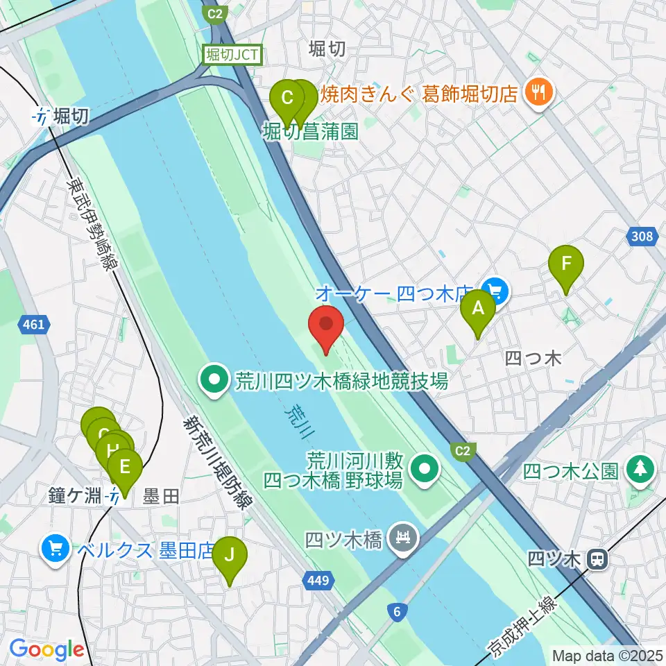 四つ木橋球技場周辺のファミレス・ファーストフード一覧地図