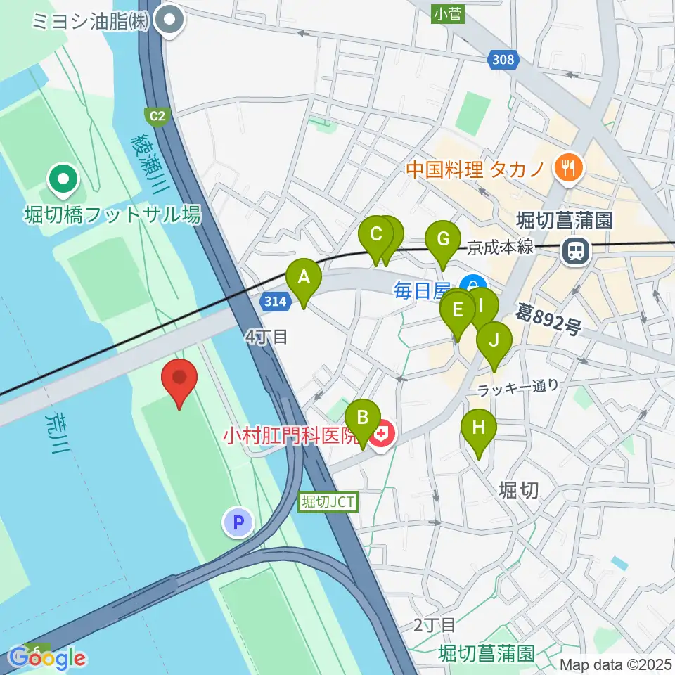 堀切橋少年野球場周辺のファミレス・ファーストフード一覧地図