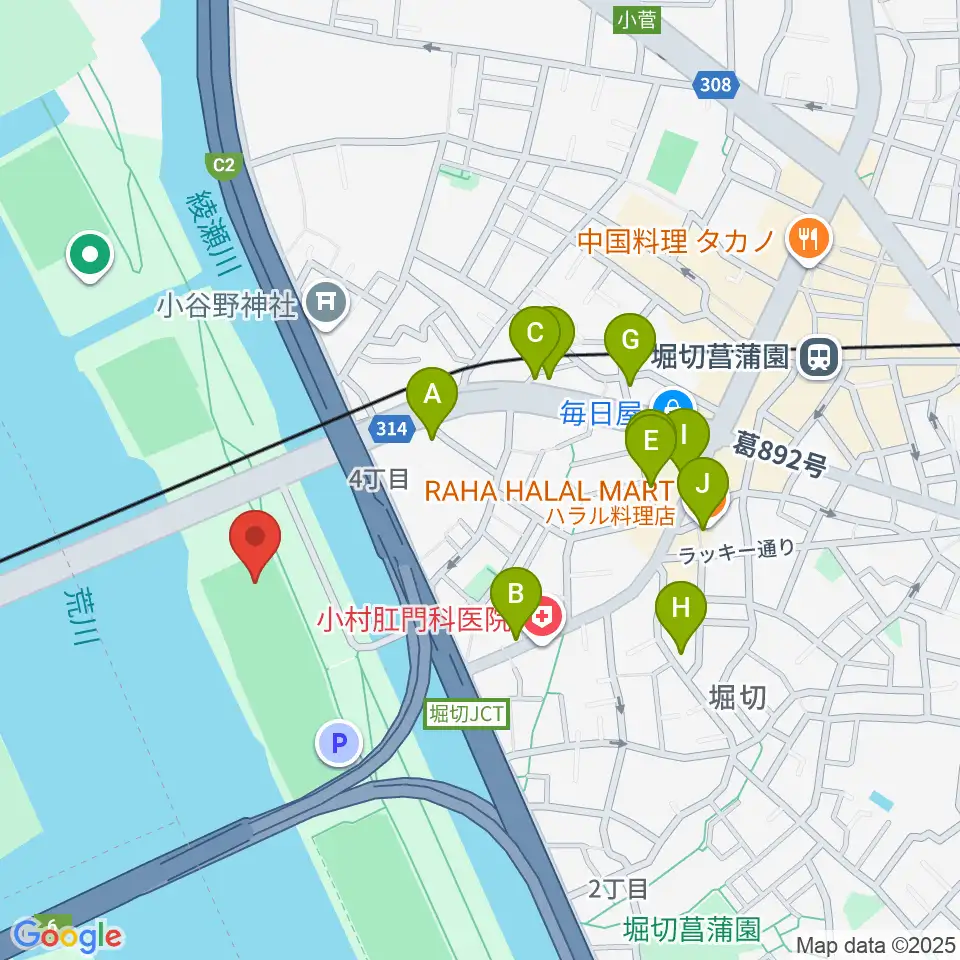 堀切橋少年野球場周辺のファミレス・ファーストフード一覧地図