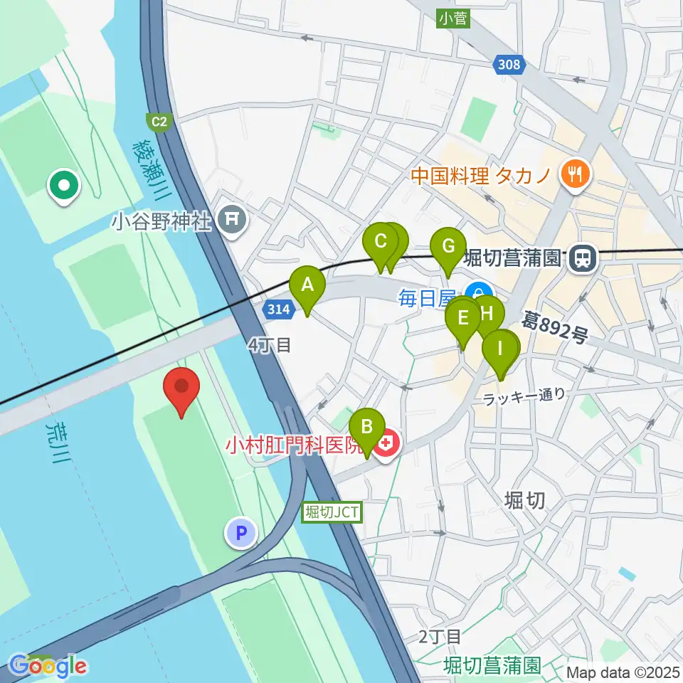 堀切橋少年野球場周辺のファミレス・ファーストフード一覧地図