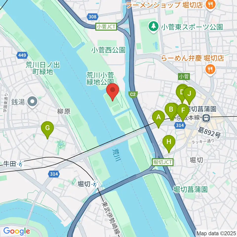 堀切橋少年硬式野球場周辺のファミレス・ファーストフード一覧地図