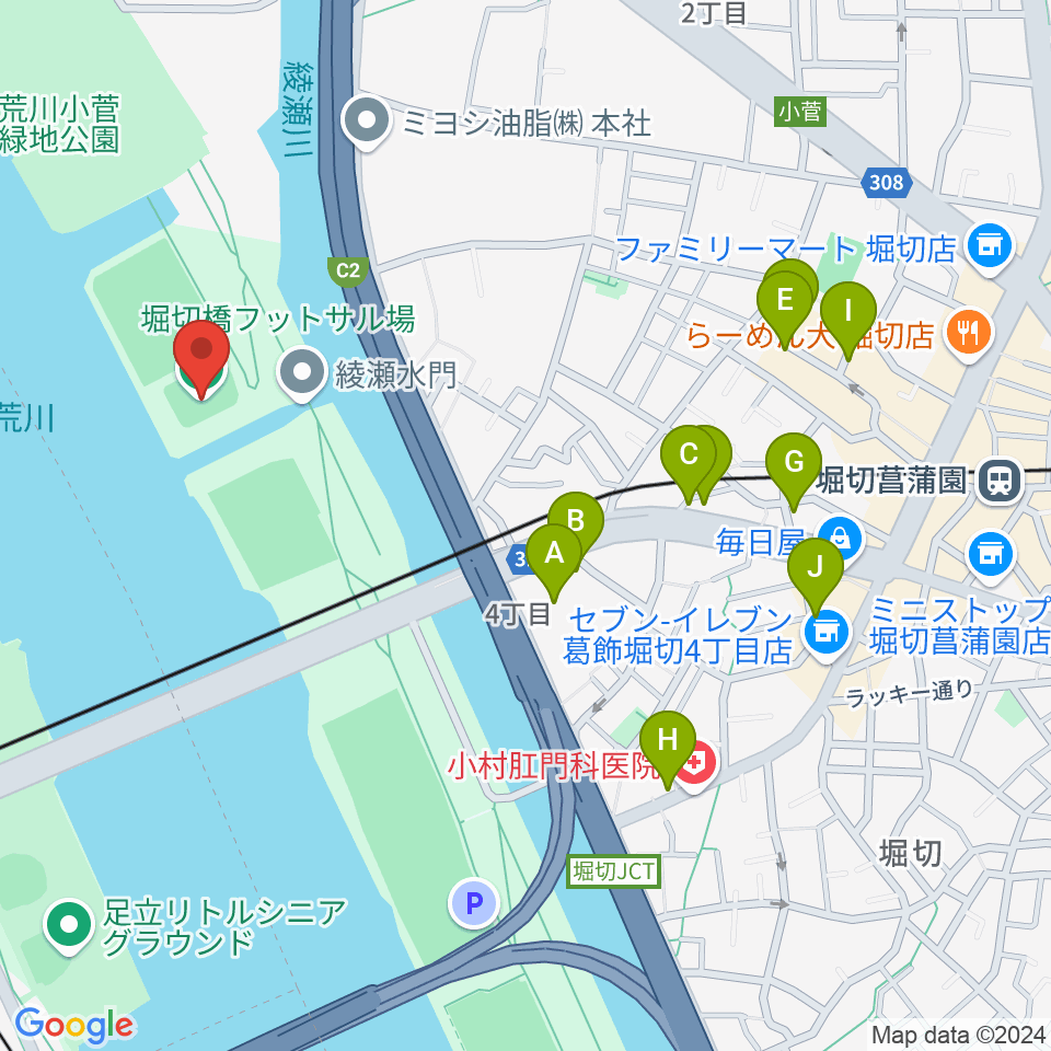 堀切橋フットサル場周辺のファミレス・ファーストフード一覧地図