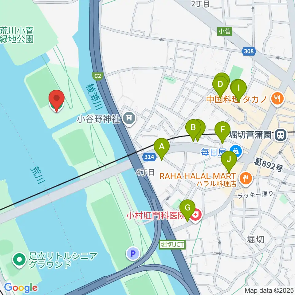 堀切橋フットサル場周辺のファミレス・ファーストフード一覧地図