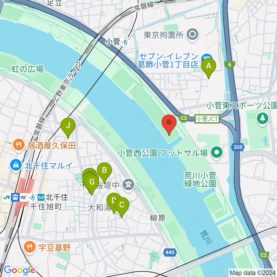 荒川小菅野球場周辺のファミレス・ファーストフード一覧地図