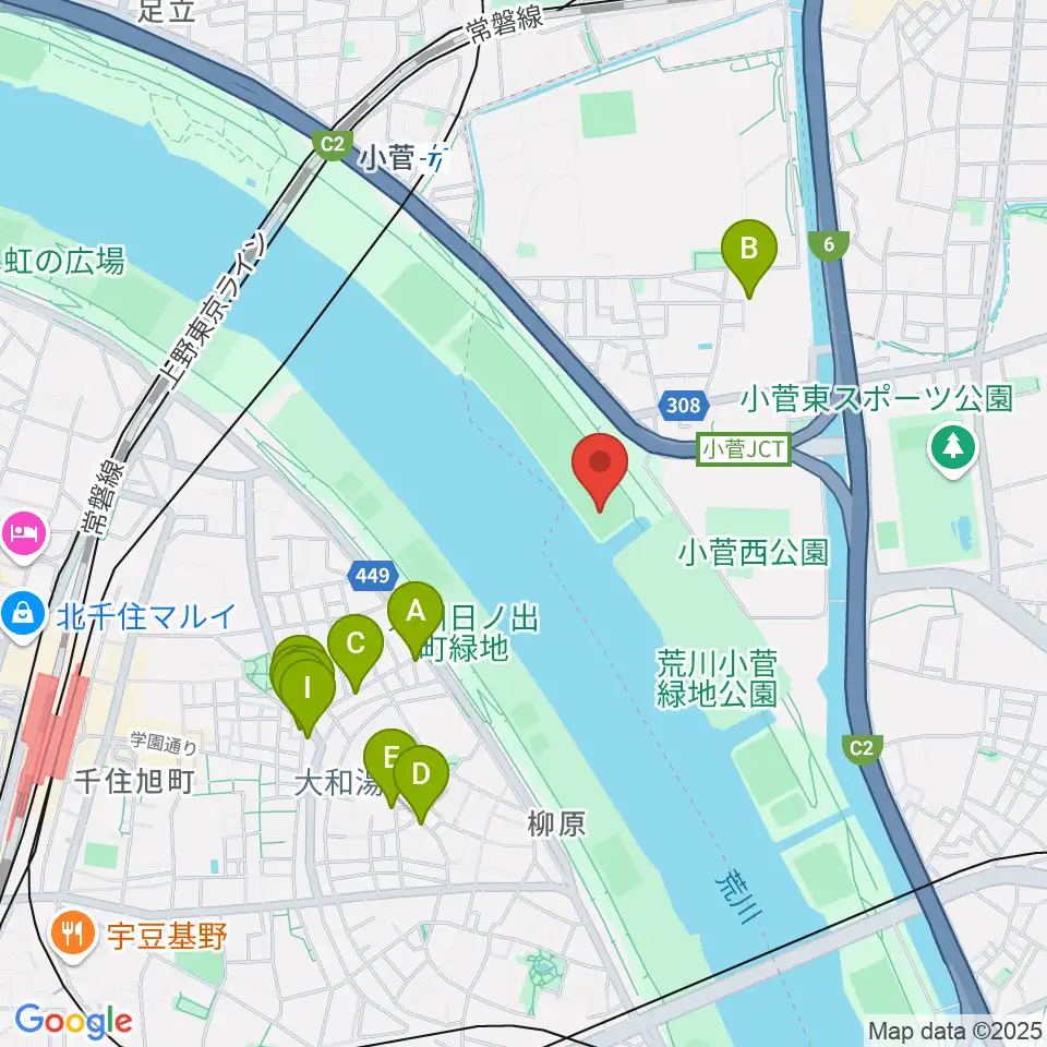 荒川小菅野球場周辺のファミレス・ファーストフード一覧地図