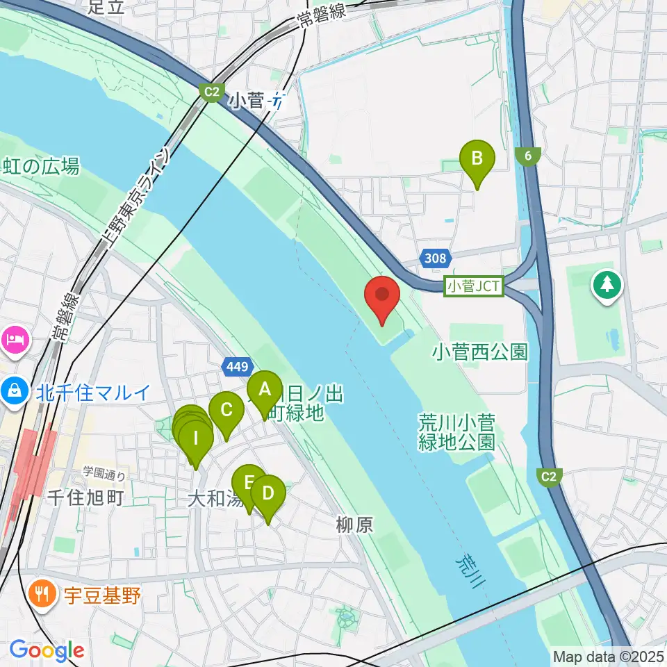 荒川小菅野球場周辺のファミレス・ファーストフード一覧地図