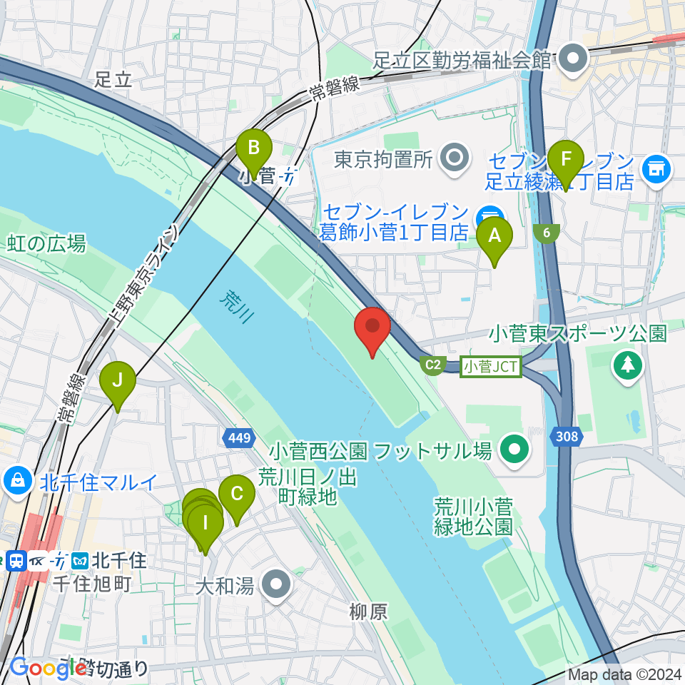 荒川小菅少年野球場周辺のファミレス・ファーストフード一覧地図