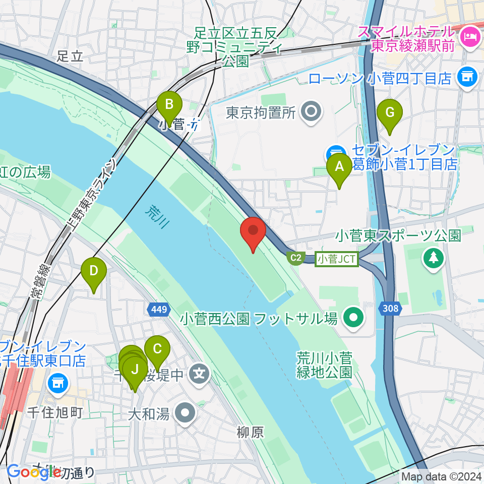 荒川小菅少年野球場周辺のファミレス・ファーストフード一覧地図