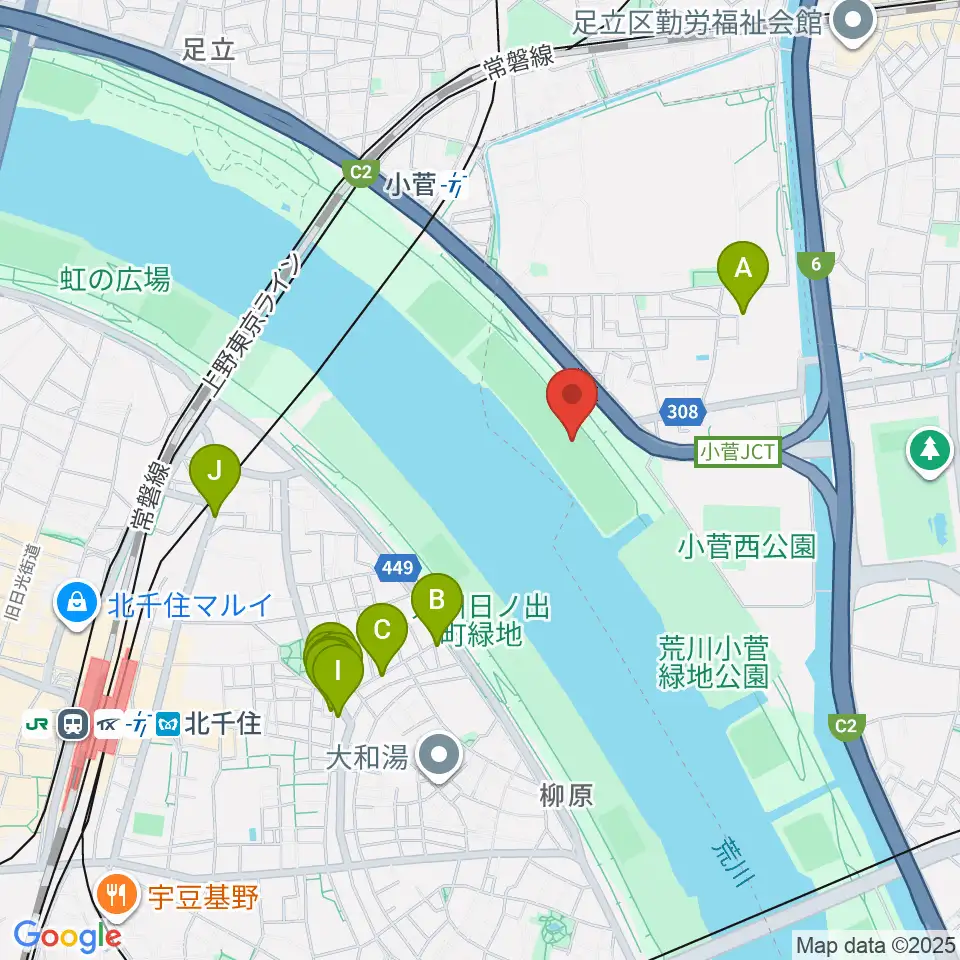 荒川小菅少年野球場周辺のファミレス・ファーストフード一覧地図
