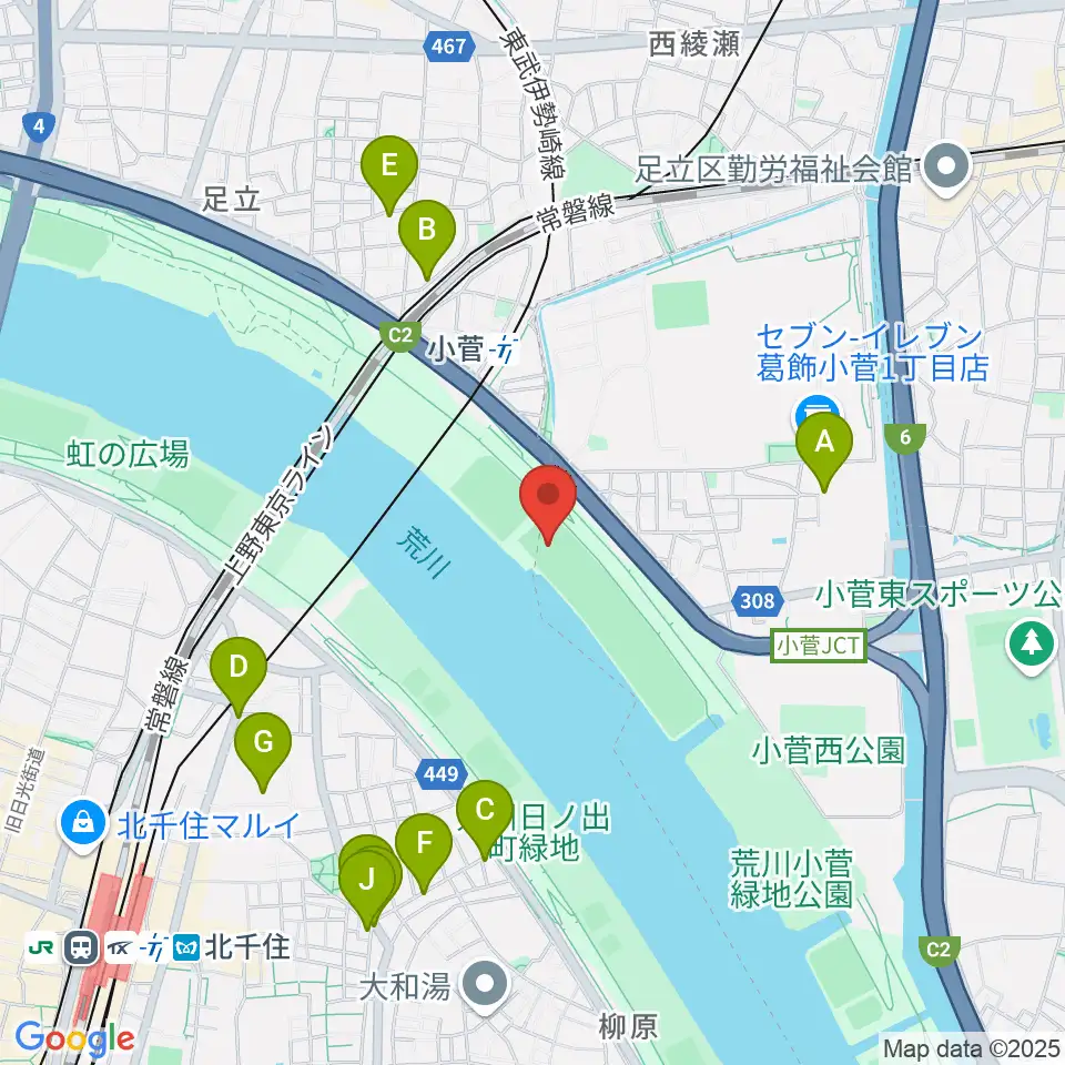 荒川小菅球技場周辺のファミレス・ファーストフード一覧地図